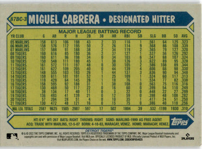 2022 Topps Chrome #87BC-3 Miguel Cabrera 1987 Topps Baseball Detroit Tigers