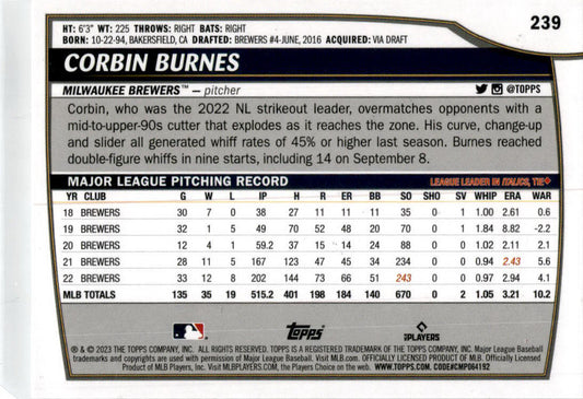 2023 Topps Big League Rainbow Foil #239 Corbin Burnes Milwaukee Brewers