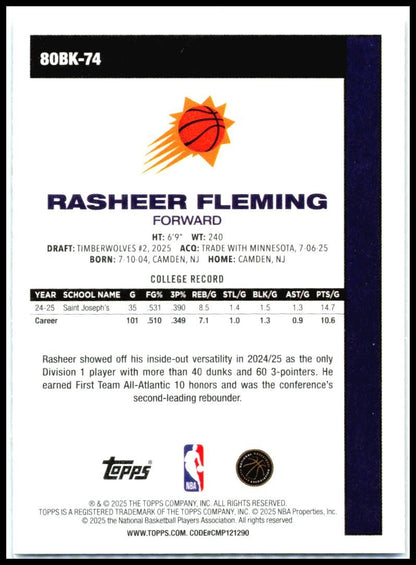 2025-26 Topps 1980-81 Topps Basketball #80BK-74 Rasheer Fleming Phoenix Suns