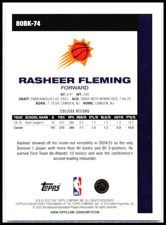 2025-26 Topps 1980-81 Topps Basketball #80BK-74 Rasheer Fleming Phoenix Suns