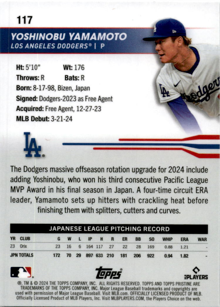2024 Topps Pristine #117 Yoshinobu Yamamoto Rookie Los Angeles Dodgers