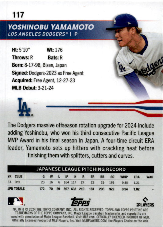 2024 Topps Pristine #117 Yoshinobu Yamamoto Rookie Los Angeles Dodgers
