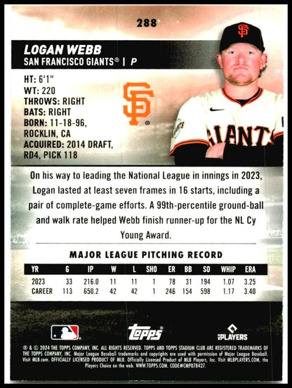 2024 Stadium Club #288 Logan Webb San Francisco Giants
