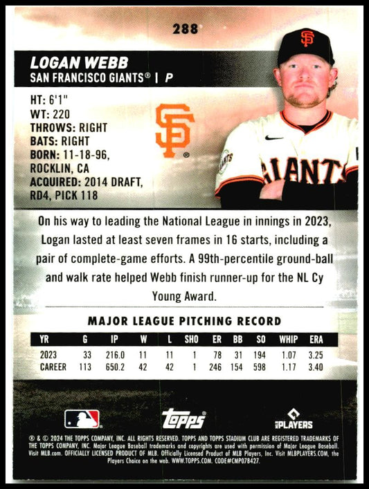 2024 Stadium Club #288 Logan Webb San Francisco Giants