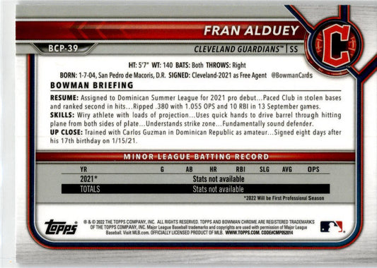 2022 Bowman Chrome Mojo Refractor #BCP-39 Fran Alduey Cleveland Guardians