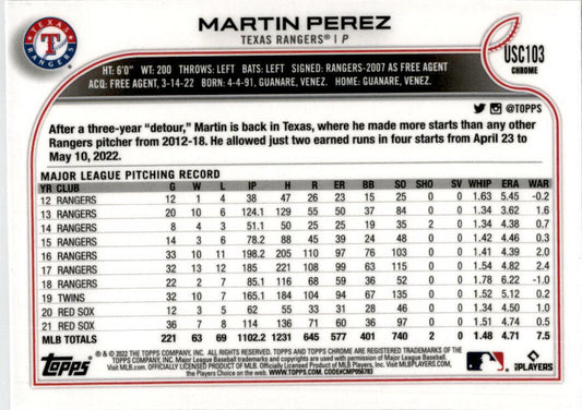 2022 Topps Chrome Update Purple Refractor #USC103 Martin Perez Texas Rangers