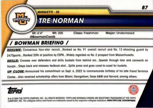 2023-24 Bowman University Chrome #87 Tre Norman Marquette Golden Eagles