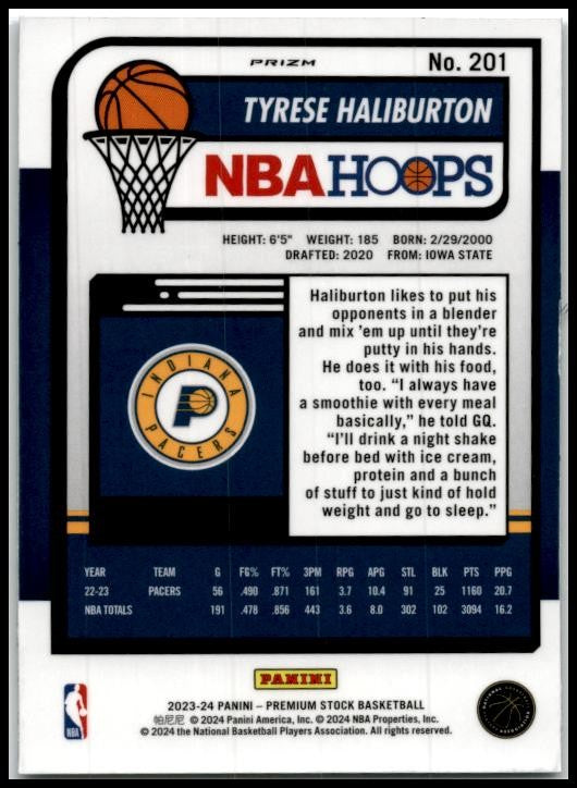 2023-24 Hoops Premium Stock Silver Prizm #201 Tyrese Haliburton Indiana Pacers