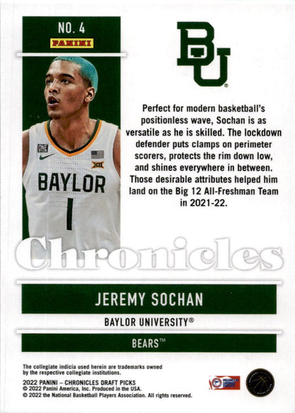 2022 Panini Chronicles Draft Picks #4 Jeremy Sochan Baylor /  San Antonio Spurs