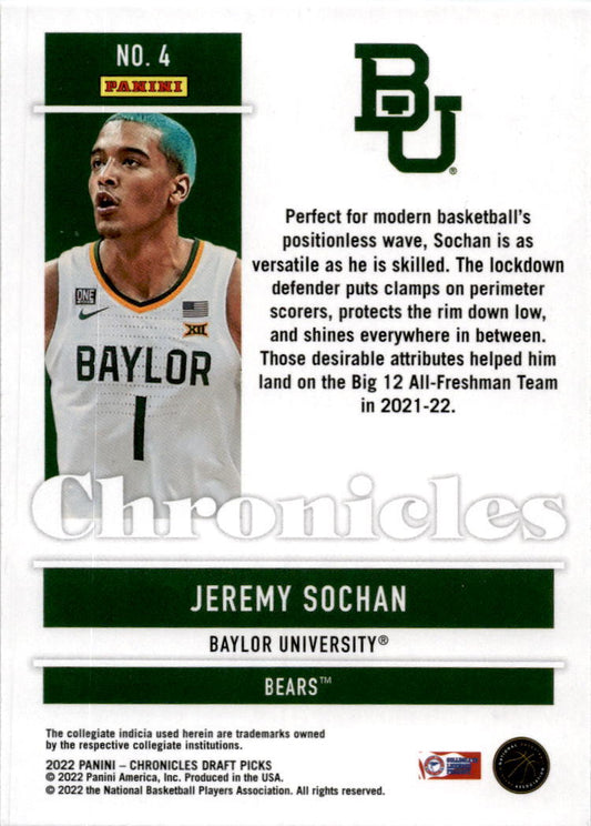2022 Panini Chronicles Draft Picks #4 Jeremy Sochan Baylor /  San Antonio Spurs