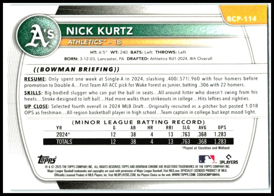 2025 Bowman Chrome Reptilian Blue Refractor #BCP-114 Nick Kurtz /150 Athletics