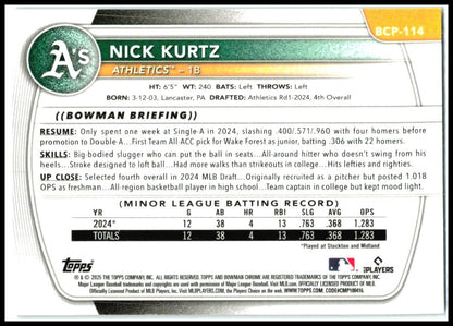 2025 Bowman Chrome Reptilian Blue Refractor #BCP-114 Nick Kurtz /150 Athletics