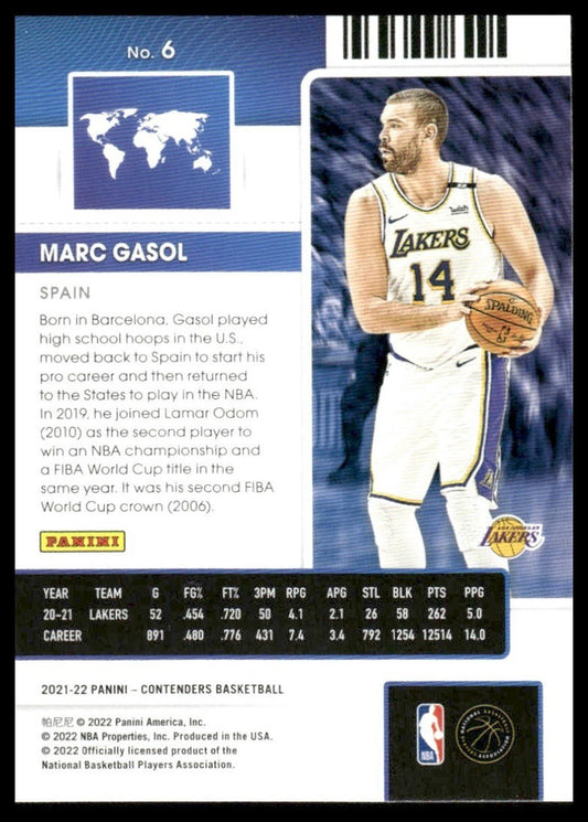 2021-22 Panini Contenders #6 Marc Gasol International Ticket