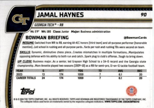 2024 Bowman Chrome University Purple Shimmer #90 Jamal Haynes Georgia Tech