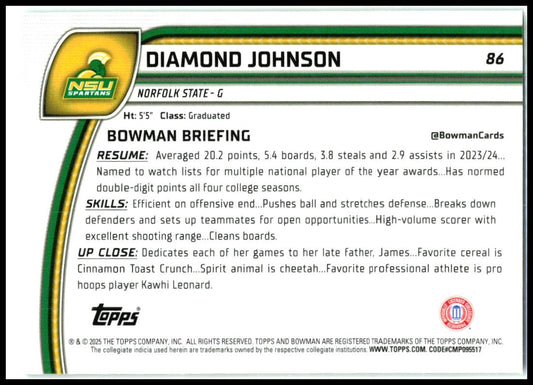 2024-25 Bowman University Chrome Green Shimmer #86 Diamond Johnson Spartans