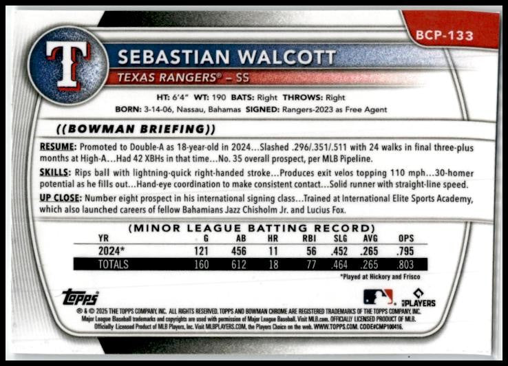 2025 Bowman Chrome Prospects #BCP-133 Sebastian Walcott Texas Rangers