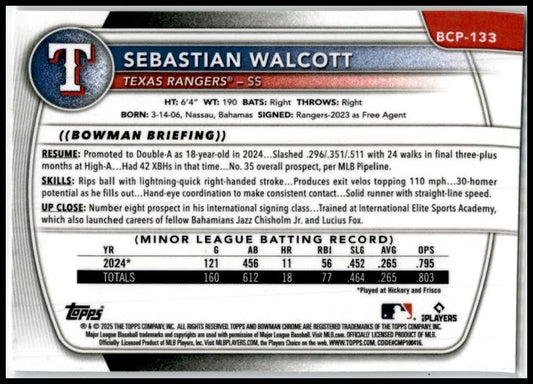 2025 Bowman Chrome Prospects #BCP-133 Sebastian Walcott Texas Rangers