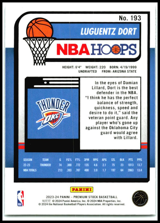 2023-24 Hoops Premium Stock #193 Luguentz Dort Oklahoma City Thunder