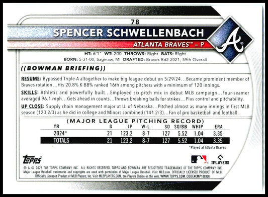 2025 Bowman #78 Spencer Schwellenbach Rookie Atlanta Braves