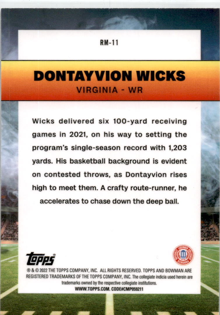 2022 Bowman University  Ramblin' Man #RM-11 Dontayvion Wicks Virginia Cavaliers