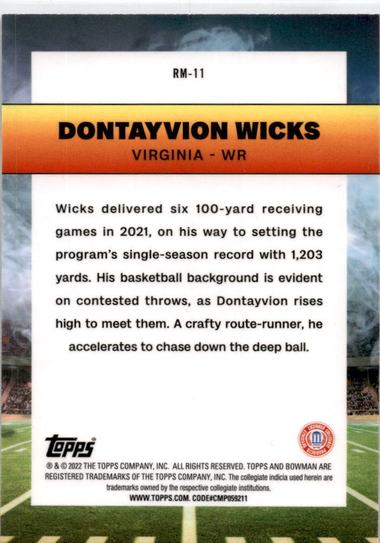 2022 Bowman University  Ramblin' Man #RM-11 Dontayvion Wicks Virginia Cavaliers