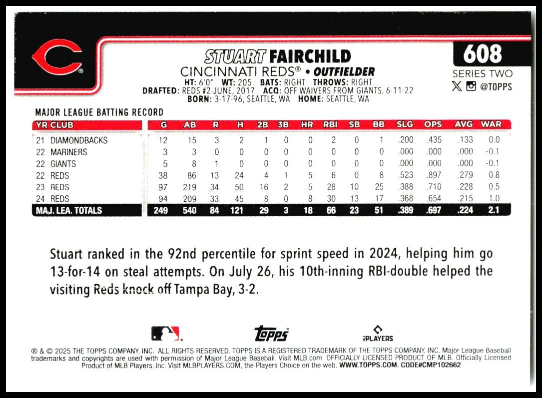 2025 Topps #608 Stuart Fairchild Cincinnati Reds