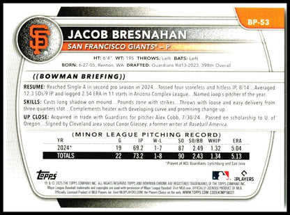 2025 Bowman Prospects #BP-53 Jacob Bresnahan San Francisco Giants