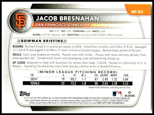2025 Bowman Prospects #BP-53 Jacob Bresnahan San Francisco Giants