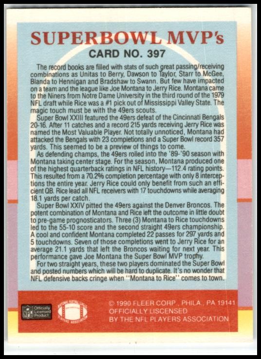 1990 Fleer #397 Superbowl MVP's (Jerry Rice / Joe Montana) San Francisco 49ers