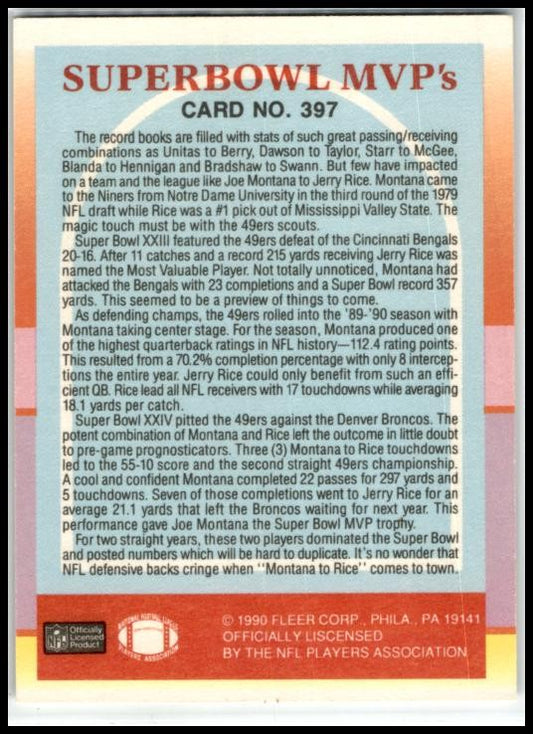 1990 Fleer #397 Superbowl MVP's (Jerry Rice / Joe Montana) San Francisco 49ers