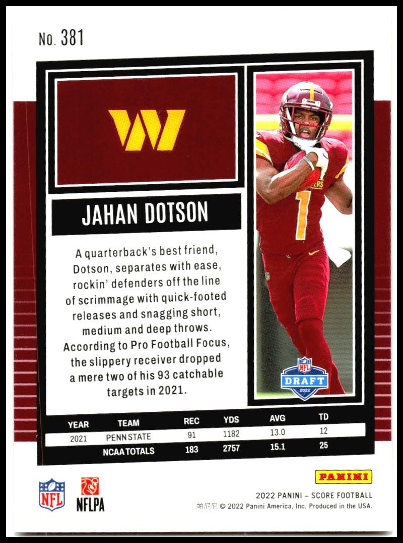 2022 Score Red #381 Jahan Dotson Rookie Washington Commanders