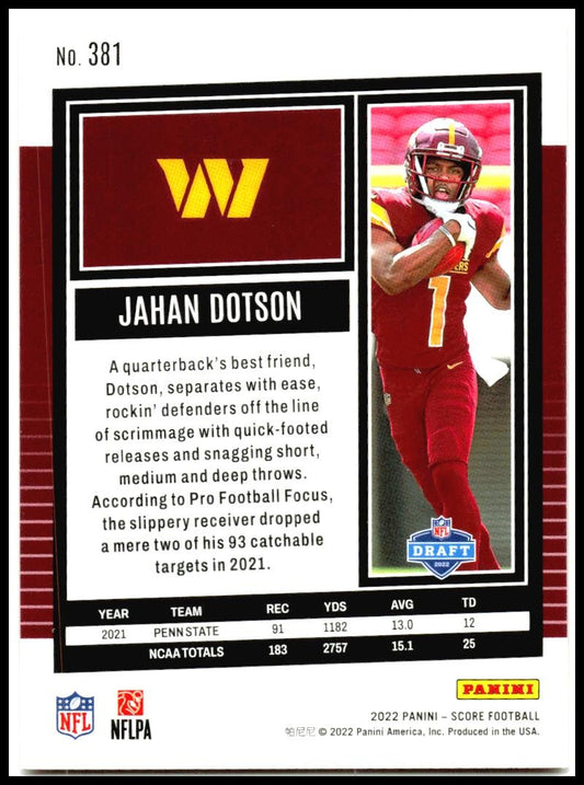 2022 Score Red #381 Jahan Dotson Rookie Washington Commanders