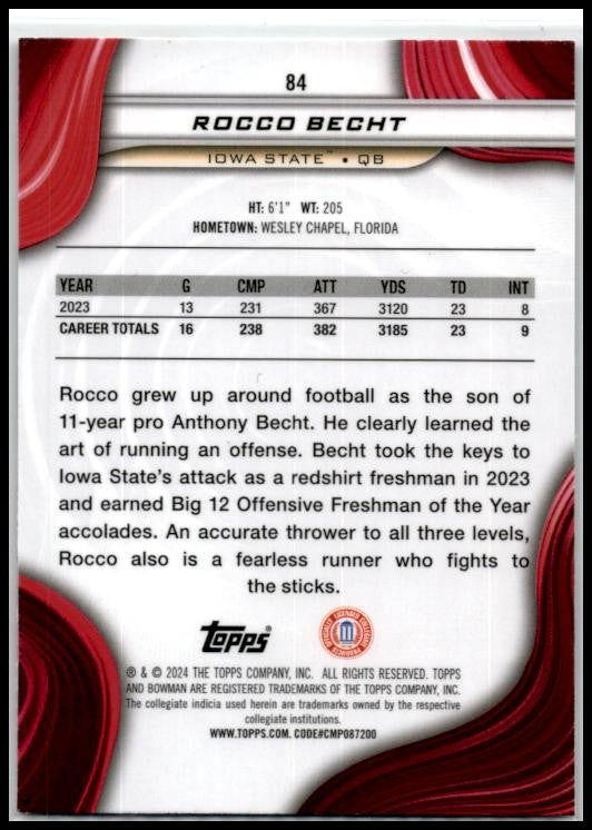 2024 Bowman University Best #84 Rocco Becht Iwoa State