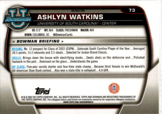 2022-23 Bowman University Chrome Refractor #73 Ashlyn Watkins Gamecocks