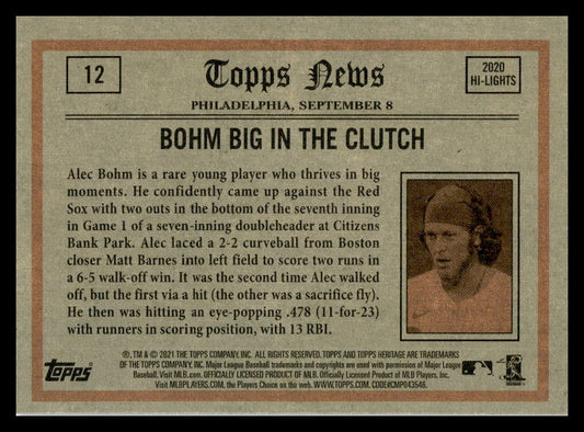 2021 Topps Heritage In Action #12 Alec Bohm Philadelphia Phillies