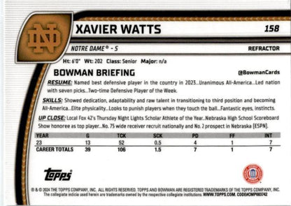 2024 Bowman Chrome University Refractor #158 Xavier Watts Notre Dame