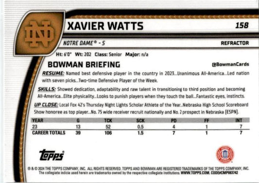 2024 Bowman Chrome University Refractor #158 Xavier Watts Notre Dame