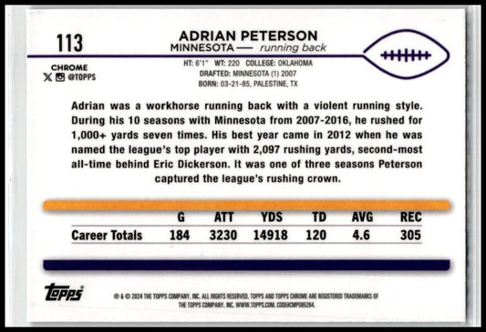 2024 Topps Chrome Teal Refractor #113 Adrian Peterson #/250 Minnesota Vikings