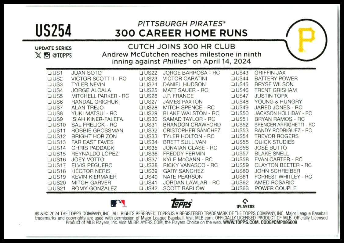 2024 Topps Update #US254 Andrew McCutchen Pittsburgh Pirates