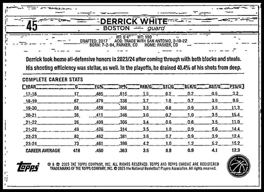 2024-25 Topps Chrome Blue Sonar Refractor #45 Derrick White #/125 Boston Celtics