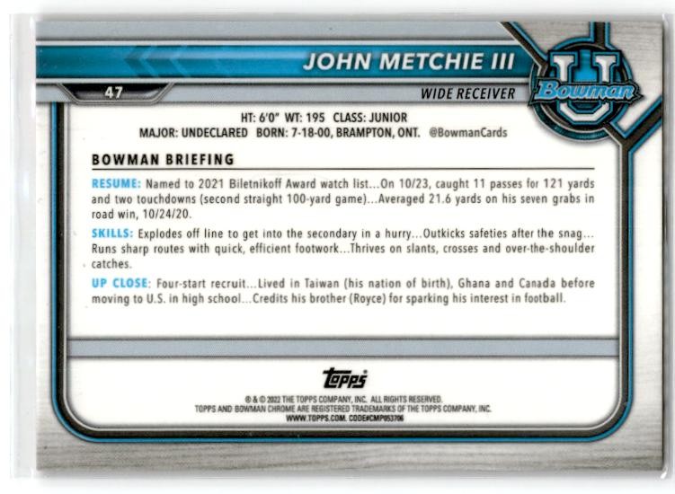 2021-22 Bowman University Chrome Pink #47 John Metchie III Alabama Crimson Tide