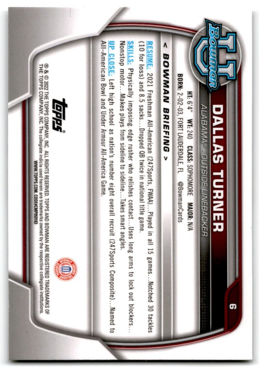 2022 bowman chrome university Dallas Turner Alabama Crimson Tide #6