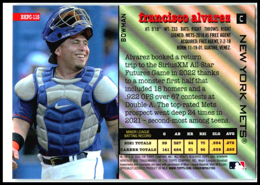 2022 Bowman Heritage Chrome Prospects #BHPC-115 Francisco Alvarez New York Mets