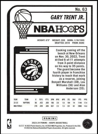 2023-24 Hoops Winter #63 Gary Trent Jr. Toronto Raptors
