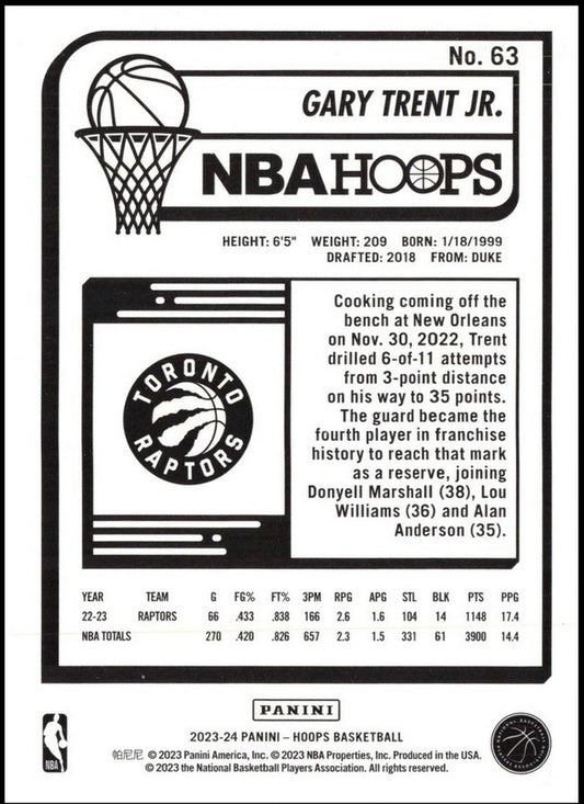 2023-24 Hoops Winter #63 Gary Trent Jr. Toronto Raptors