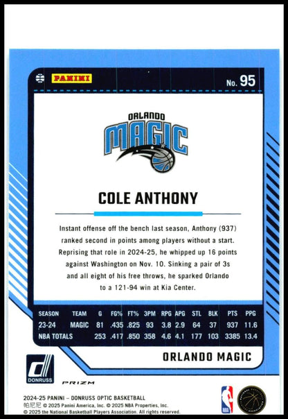 2024-25 Donruss Optic Holo #95 Cole Anthony Orlando Magic