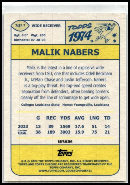 2024 Topps Chrome 1974 Topps Football #74TF-7 Malik Nabers New York Giants