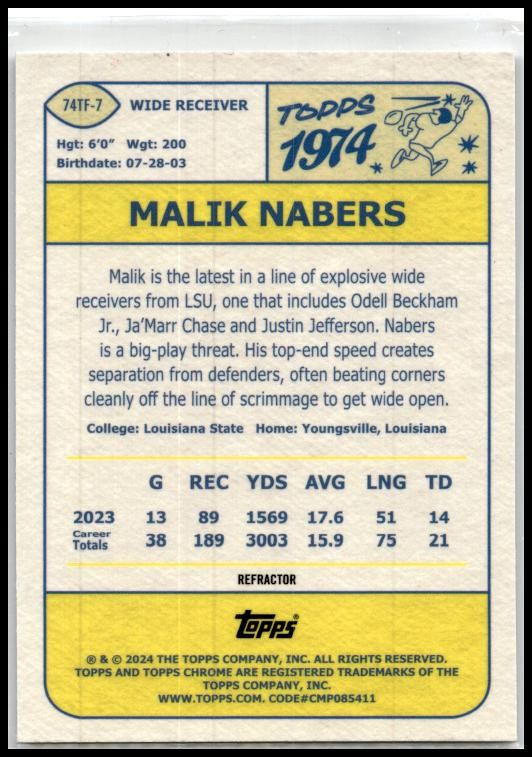 2024 Topps Chrome 1974 Topps Football #74TF-7 Malik Nabers New York Giants