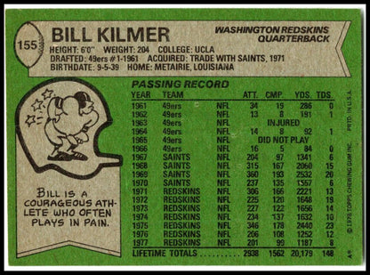 1978 Topps #155 Bill Kilmer Washington Redskins