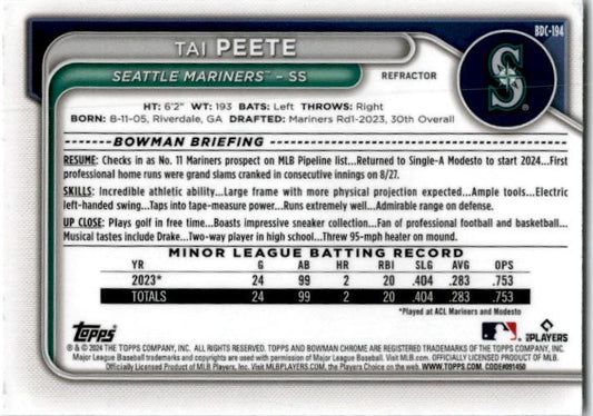 2024 Bowman Draft Chrome Refractor #BDC-194 Tai Peete Seattle Mariners